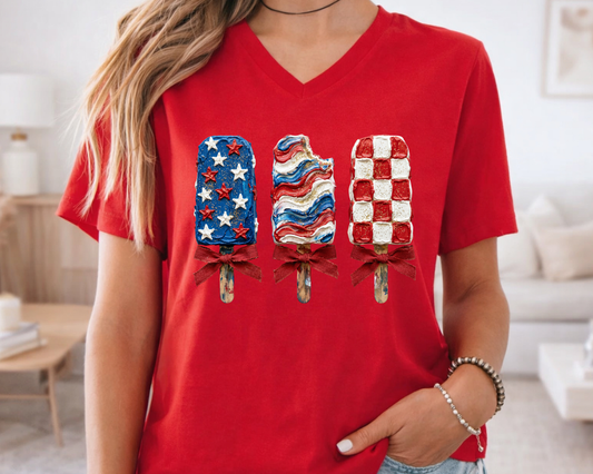 Women's Navy Blue V-Neck Short-sleeve Shirt - Patriotic Popsicle Design