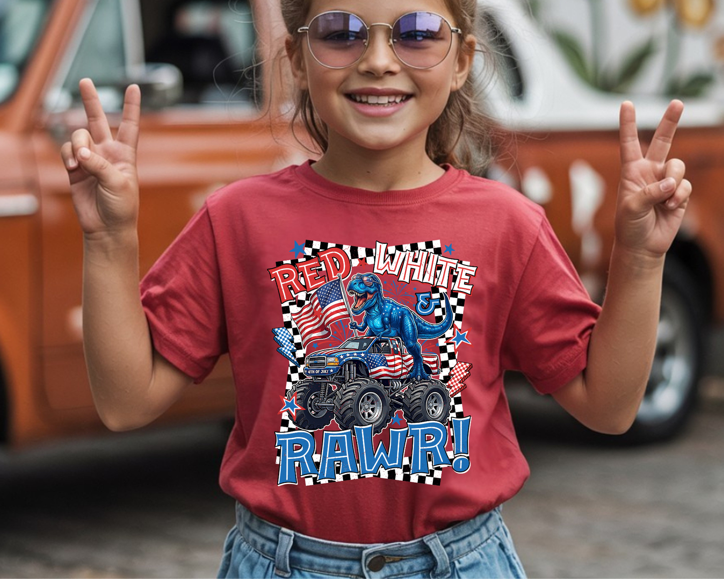Red White RAWR! Monster Truck Youth/Kids T-Shirt