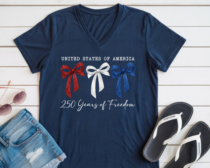 250 Years of Freedom Coquette Bows - Women's Navy V-Neck T-Shirt
