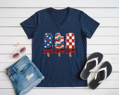 Women's Navy Blue V-Neck Short-sleeve Shirt - Patriotic Popsicle Design