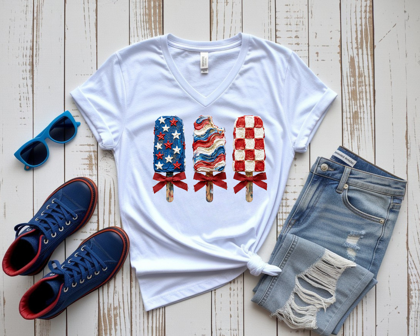 Women's Navy Blue V-Neck Short-sleeve Shirt - Patriotic Popsicle Design