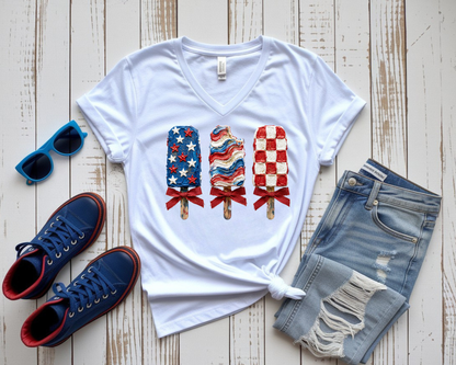 Women's Navy Blue V-Neck Short-sleeve Shirt - Patriotic Popsicle Design
