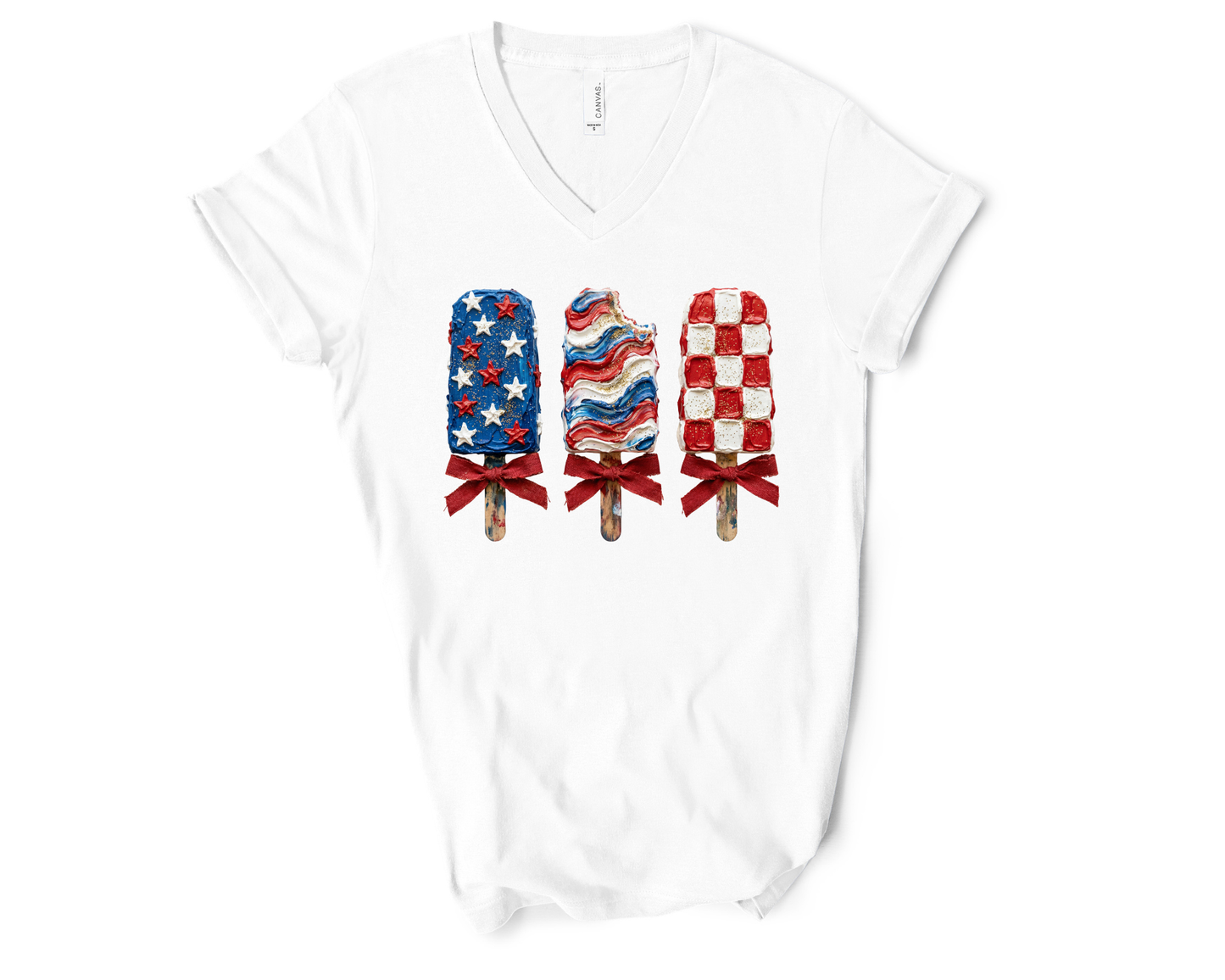 Women's Navy Blue V-Neck Short-sleeve Shirt - Patriotic Popsicle Design