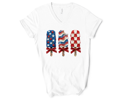 Women's Navy Blue V-Neck Short-sleeve Shirt - Patriotic Popsicle Design