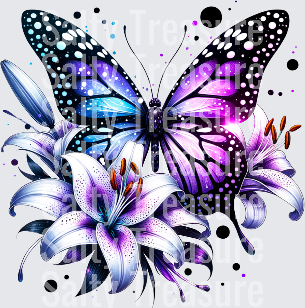 Purple and Blue Gradient Butterfly - White Lilies - DTF Transfer