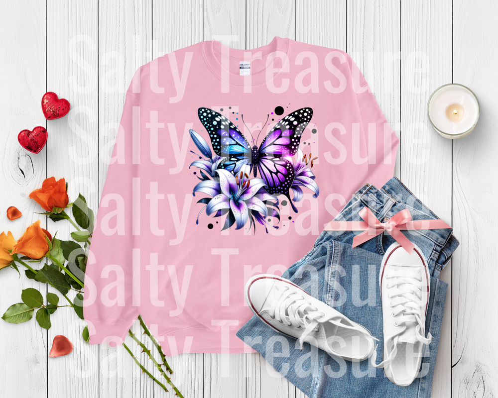 Purple and Blue Gradient Butterfly - White Lilies - DTF Transfer